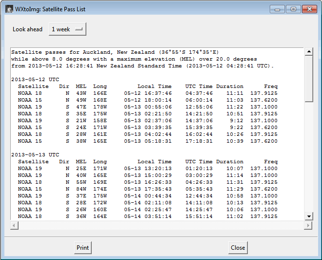 Satellite Pass List
