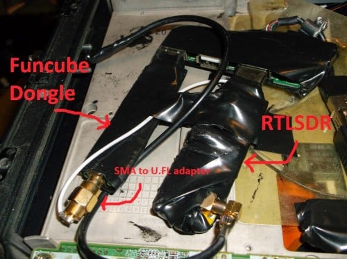 Laptop with built in RTL-SDR and FunCube Dongles