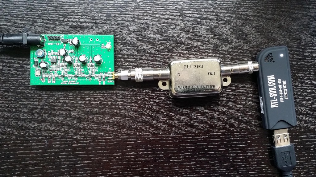 Filter characterisation set up. Noise Source -> Filter -> RTL-SDR Dongle.