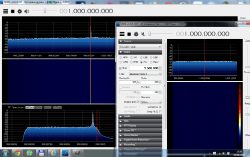 Using SDR# to tune the TX RTL-SDR, and using another instance of SDR# and RTL-SDR to receive the 1GHz signal.