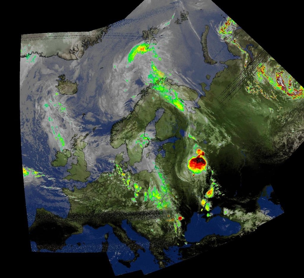 A composite weather satellite image received from the NOAA-18 satellite by Marco