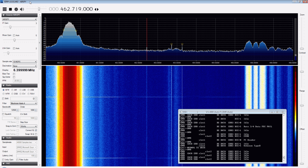 Interfering signal at high power, -2 MHz away, Airspy LNA gain reduced