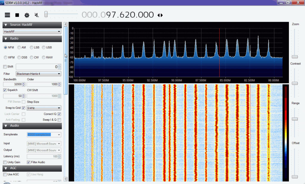 HackRF receiving the broadcast FM band