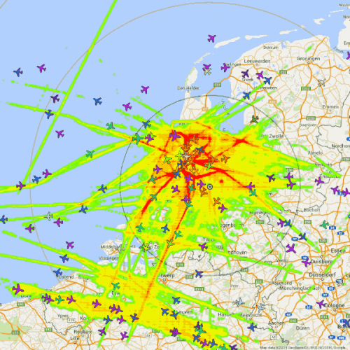 A heatmap of aircraft flight paths.
