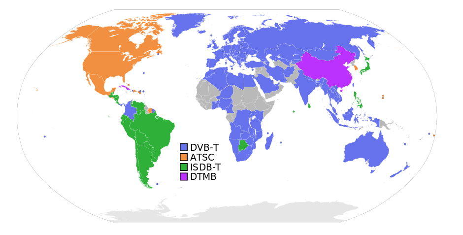 Digital broadcast standards used in each country.