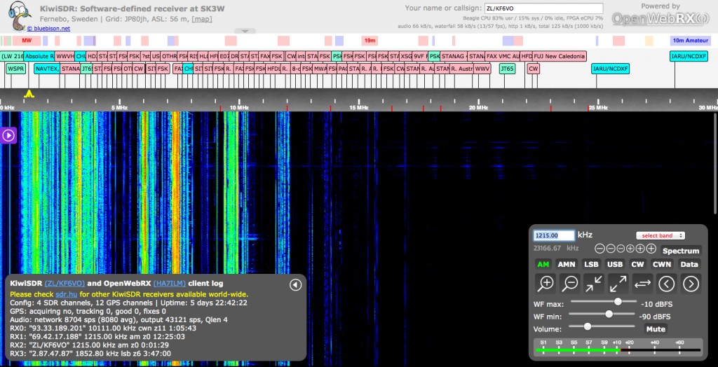 KiwiSDR Running on OpenWebRX. Full 0 - 30 MHz spectrum.