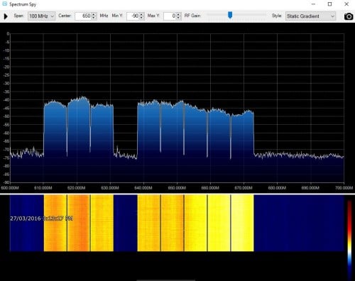 Airspy + Spectrum Spy receiving the entire digital TV band over 100 MHz.