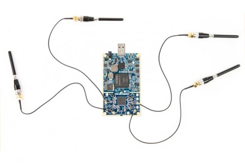 The LimeSDR with four antennas attached.