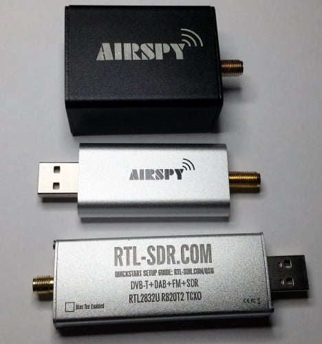 Airspy R2 (top), Airspy Mini (Middle), RTL-SDR (bottom) for size comparison.