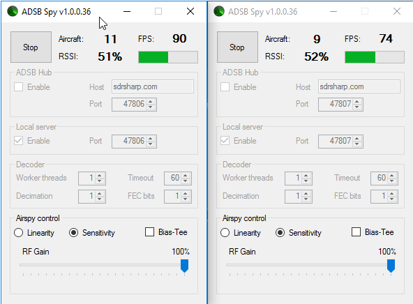 Airspy R2 (left) vs Airspy Mini (right) on ADS-B
