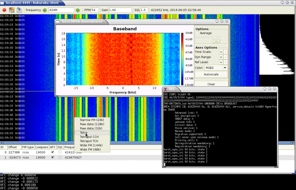 Kukuruku running and demodulating TETRA audio with a plugin.