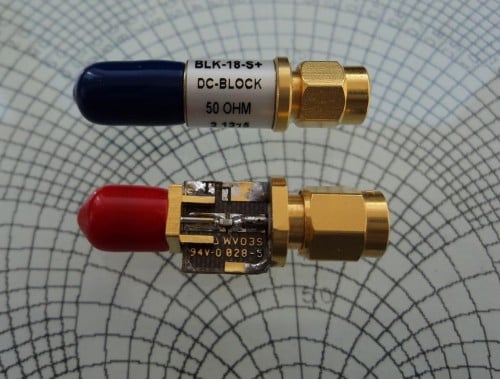 A commercial DC block component (TOP) vs. Adams home made DC block component (BOTTOM)