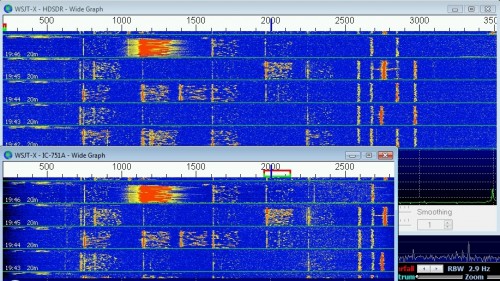 RTL-SDR (top) vs raw audio from IC-751A below. RTL-SDR has a wider bandwidth, and less splatter at 2200 kHz when the strong signal came in.