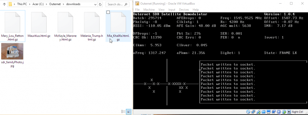 Files downloaded from Outernet (left). Outernet decoder running in VM (right).