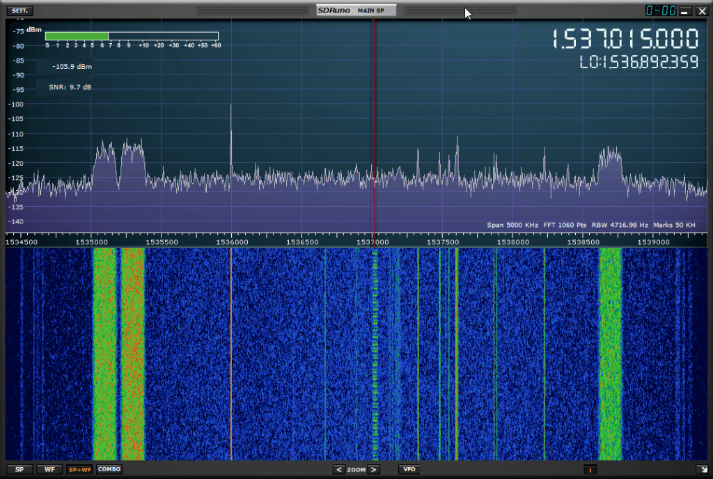 The RSP2 receiving L-band signals with an Outernet LNA and Patch Antenna.