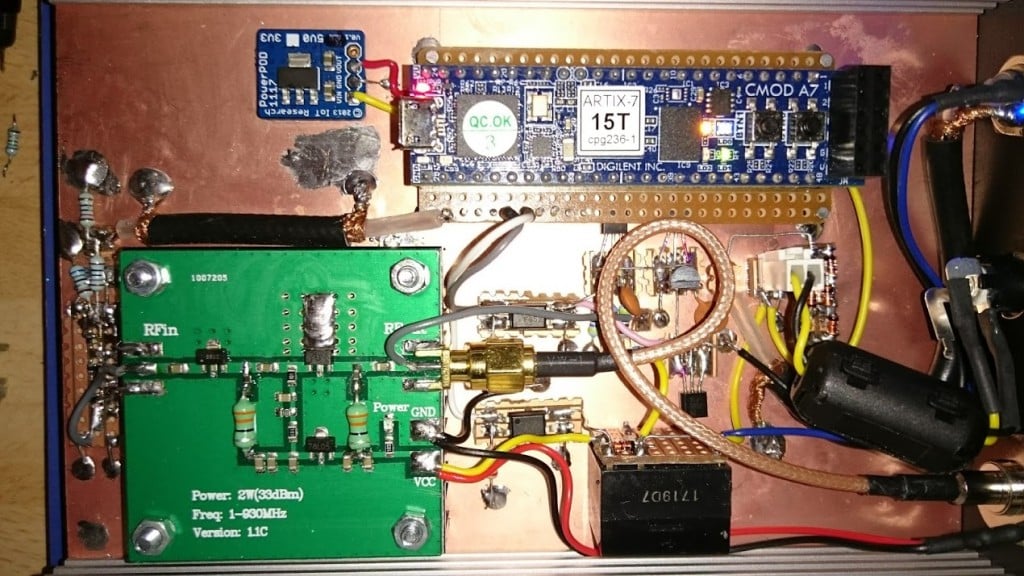 An FPGA Based Transmitter. In the photo: FPGA, Amplifier, Filter, Attenuator, TX/RX Switch.