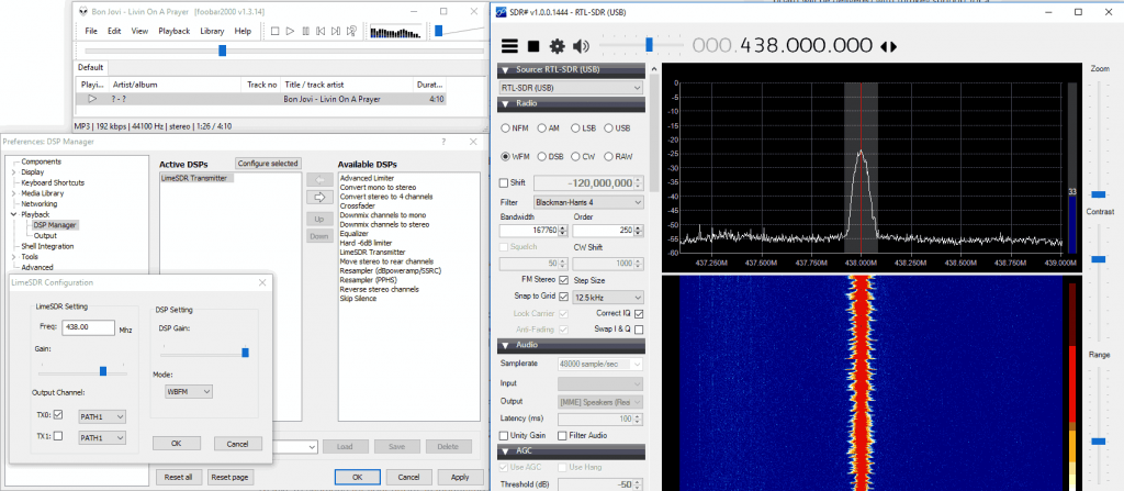 TXing with the LimeSDR with foo_limsdr. RXing the signal with an RTL-SDR.