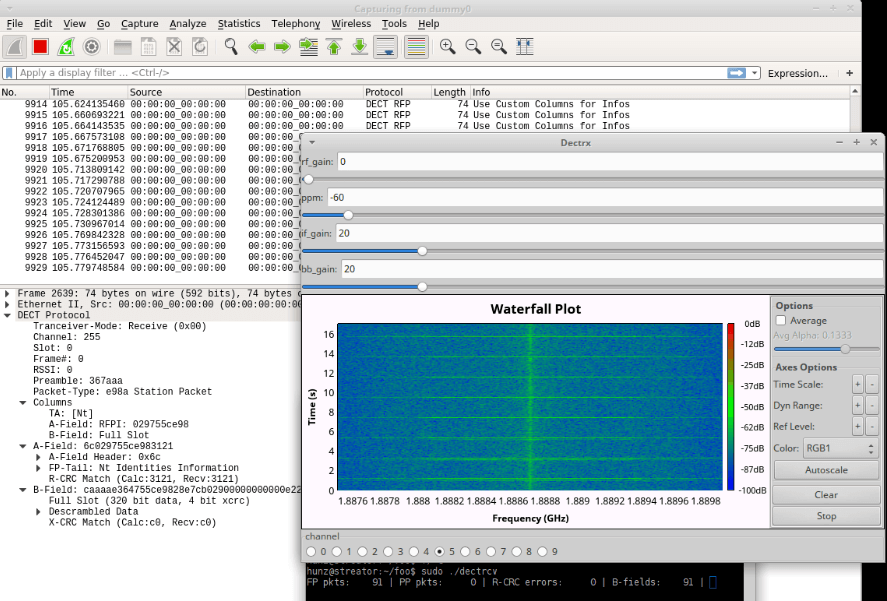 The re-DECTed decoder outputting packets to Wireshark.