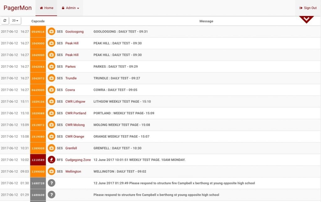 PagerMon displaying POCSAG messages