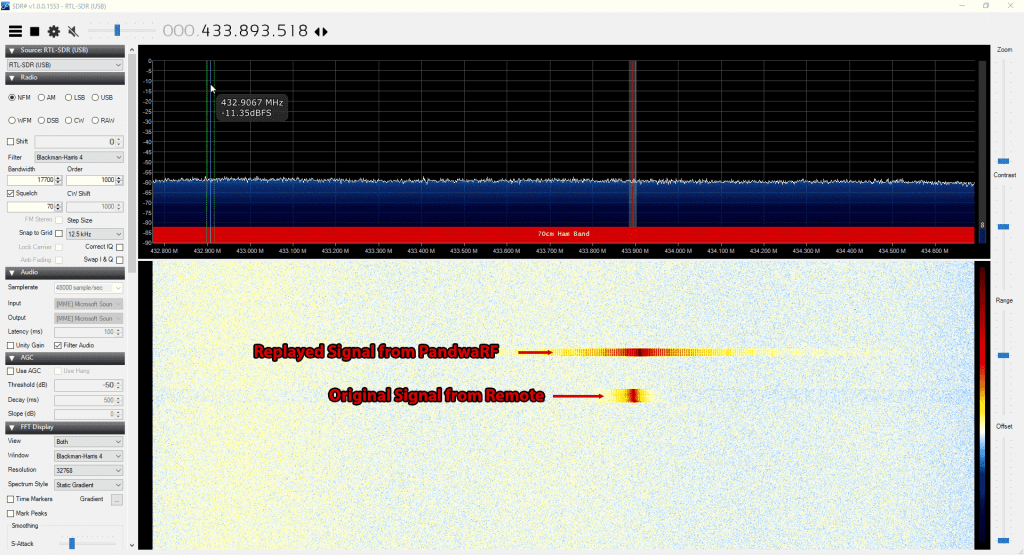 Replayed and Original Signal received with an RTL-SDR