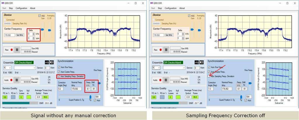 Comparing constellations with sampling rate error correction turned on and off.