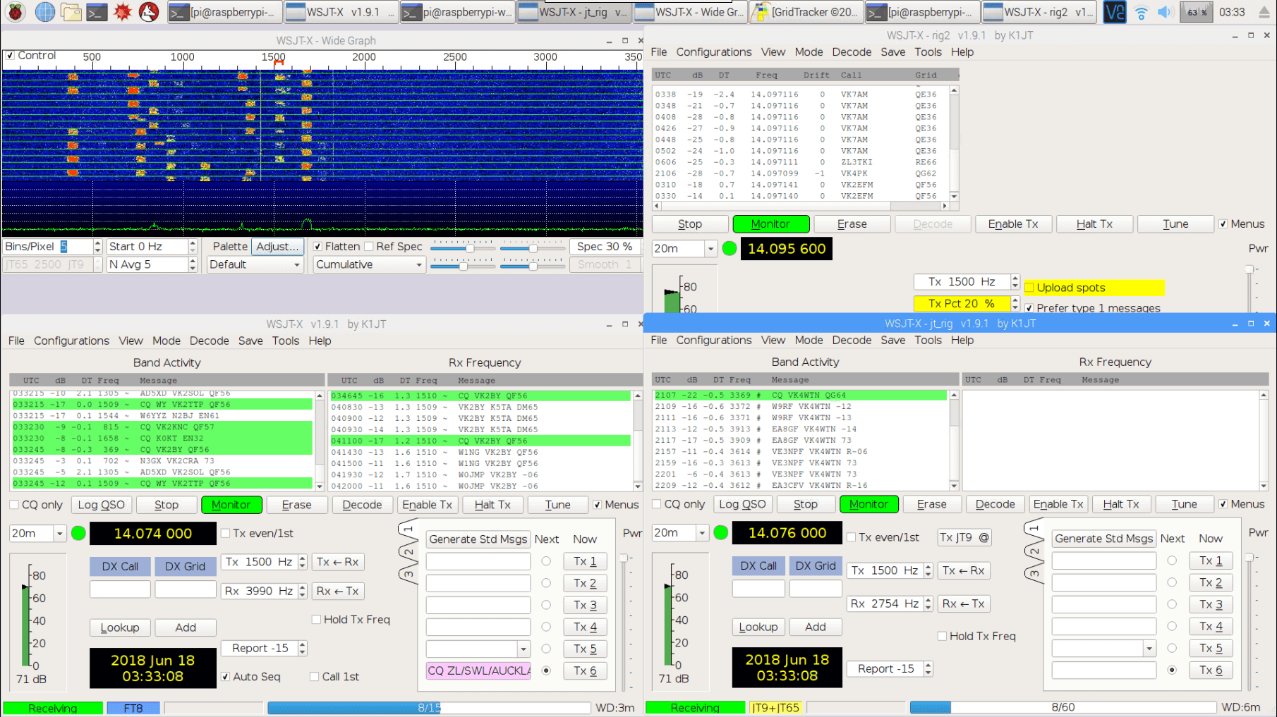Monitoring FT8, JT9, JT65 and WSPR simultaneously with an RTL-SDR V3 and Pi 3
