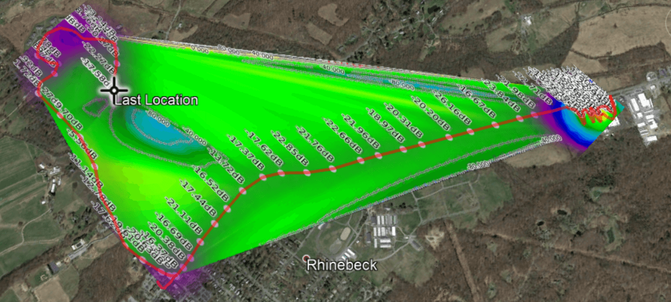 A heatmap generated by K2GOG with an RTL-SDR, GPS and RTLSDR Scanner.