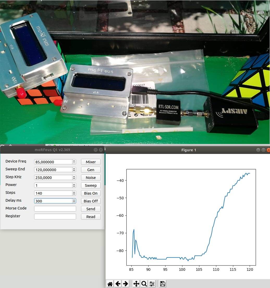 moRFeus used as a tracking generator with an Airspy with the morfeusQT software