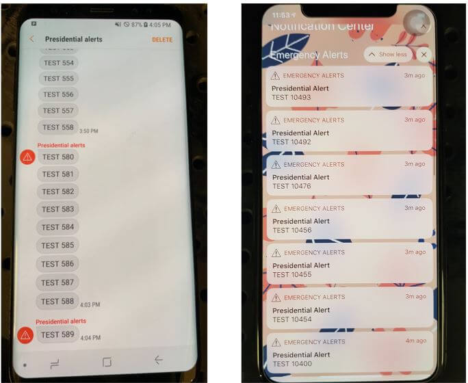 Spoofed Presidential Alerts Received on a Galaxy S8 and iPhone X.