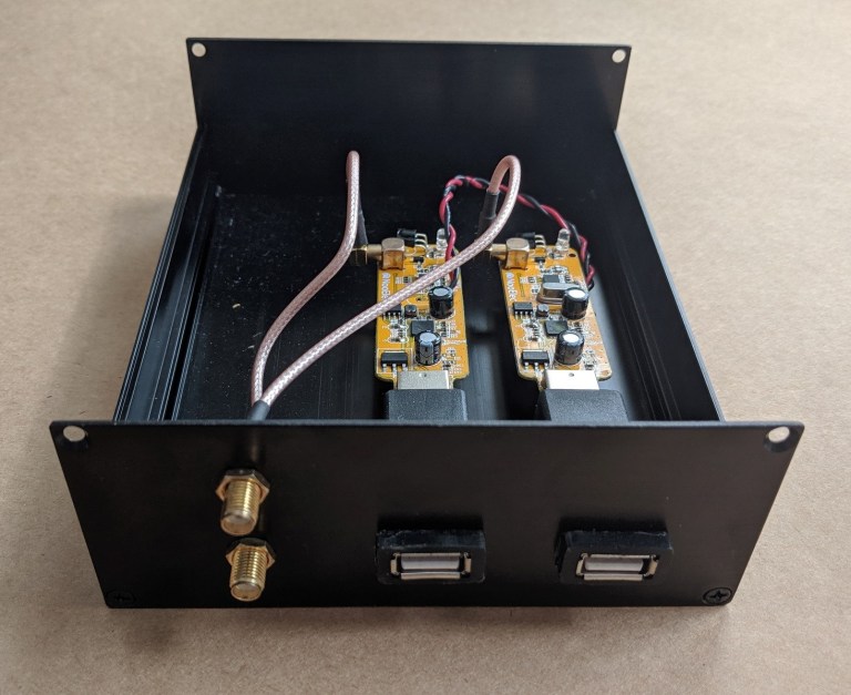 Passive Radar with Two RTL-SDR dongles sharing a single clock.