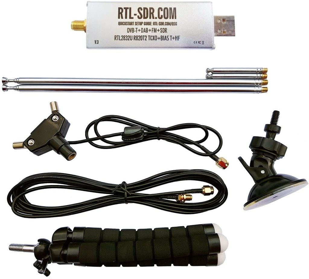 The RTL-SDR Blog V3 Set. Includes RTL-SDR V3 dongle, and multipurpose dipole antenna kit.