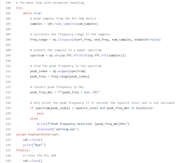 An excerpt of Fabian's close call monitoring Python code.