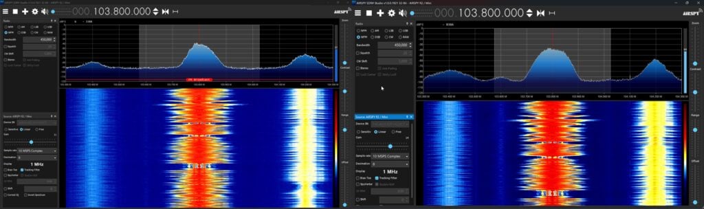 HydraSDR with HDR Mode OFF (Left), Airspy (Right) HDR Mode ON