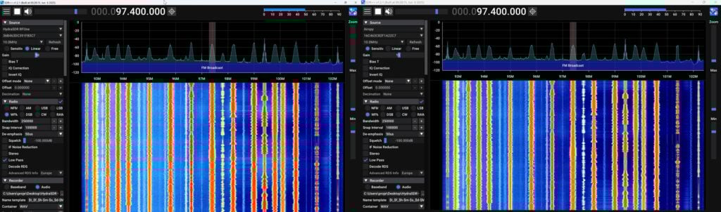 HydraSDR (Left), Airspy (Right). Same SNR on BCFM in SDR++
