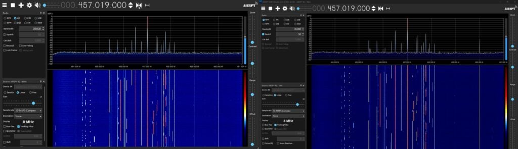 HydraSDR (Left), Airspy (Right). Slightly better SNR for the HydraSDR at 457 MHz.