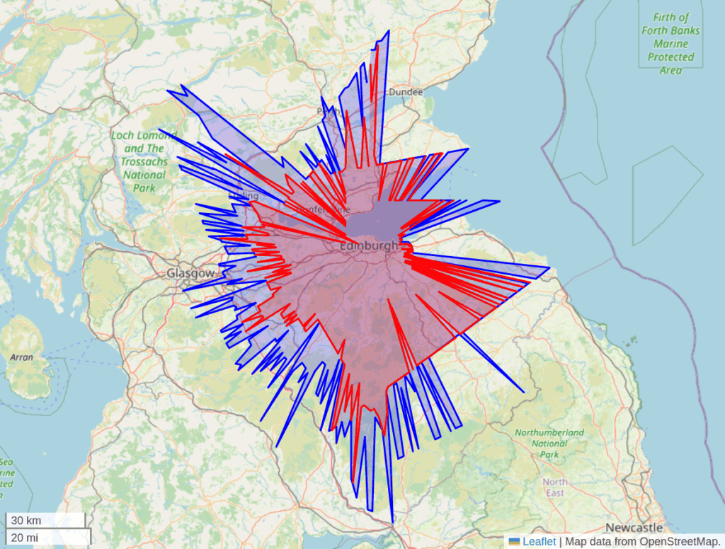 HackRF Pro (Blue) vs HackRF One (Red) ADS-B Range Comparison