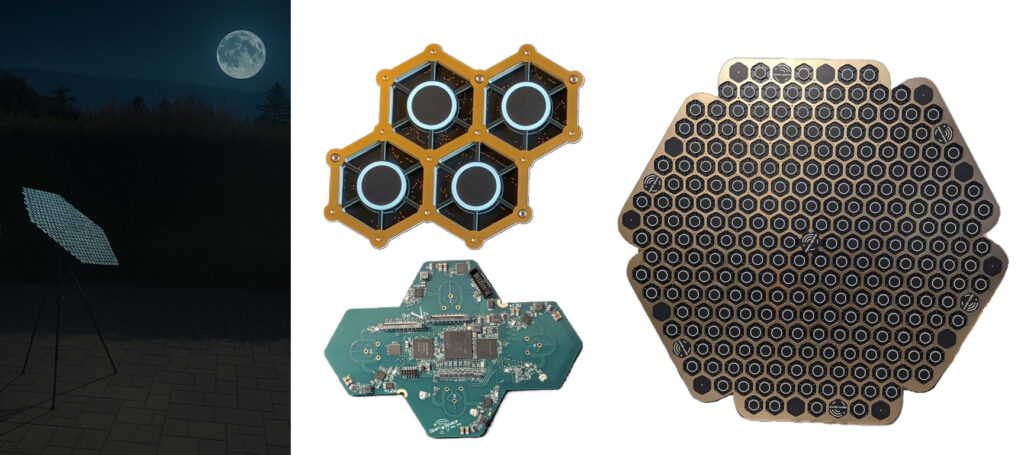 Open Space. Left: EME Concept, Middle: Single Tile, Right: Moon Phased Array consisting of 60 tiles. 