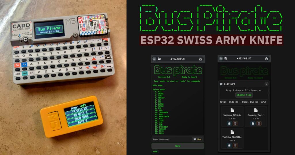 ESP32 Bus Pirate. Left - Running on COTS ESP32-S3 based devices. Right - ESP32 Bus Pirate Interface
