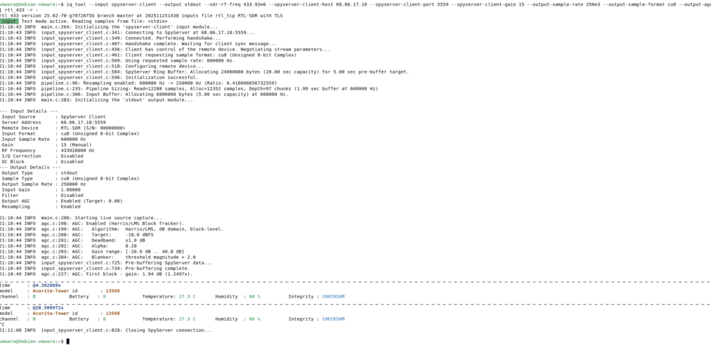 iq_tool example converting from a networked Airspy and piping into rtl_433