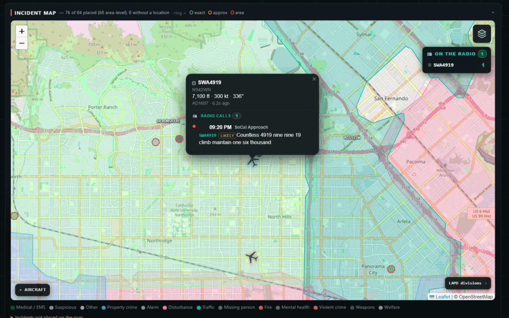 ADS-B aircraft position data automatically linked to airband voice transcripts