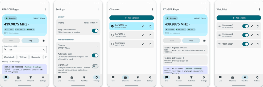 Screenshots of the ebcTech RTL-SDR Pager App