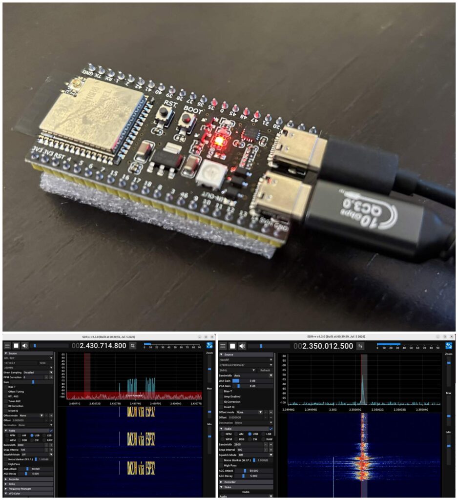The ESP32-S3 (Top) |  SDR++ receiving a PlutoSDR through the ESP32 (Left) | SDR++ receiving SSB voice transmitted by the ESP32 with a HackRF. (Right)
