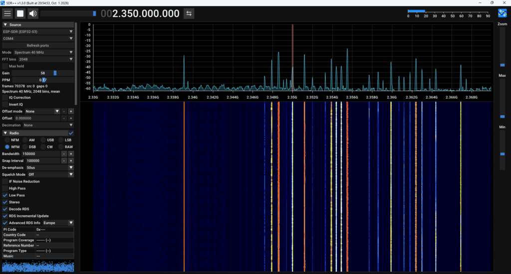 ESP32 Showing the Full BCFM Band Spectrum (Spectrum Only - No IQ Data, No Demod Possible)