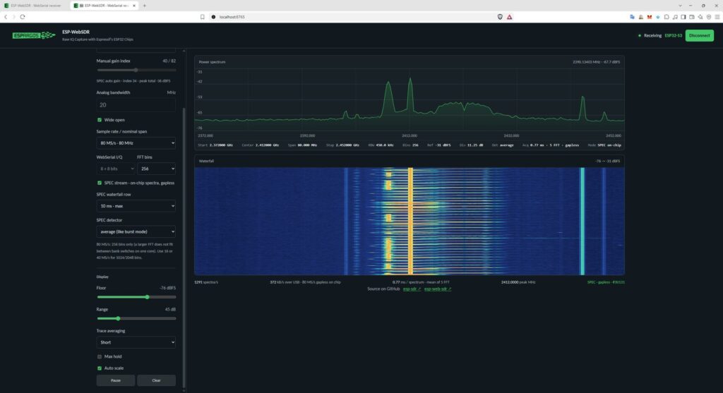 ESP32 Turbo Mode outputting 80 MS/s / 256 bins, filter wide open: 1295 spectra/s, gapless on chip.