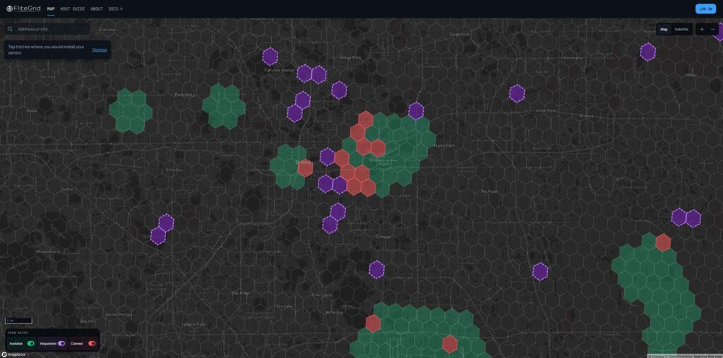 FliteGrid Hexes: Red - Claimed, Green - Available to claim with $50 p/m payout, Purple - Requested by community, Black - Requestable.