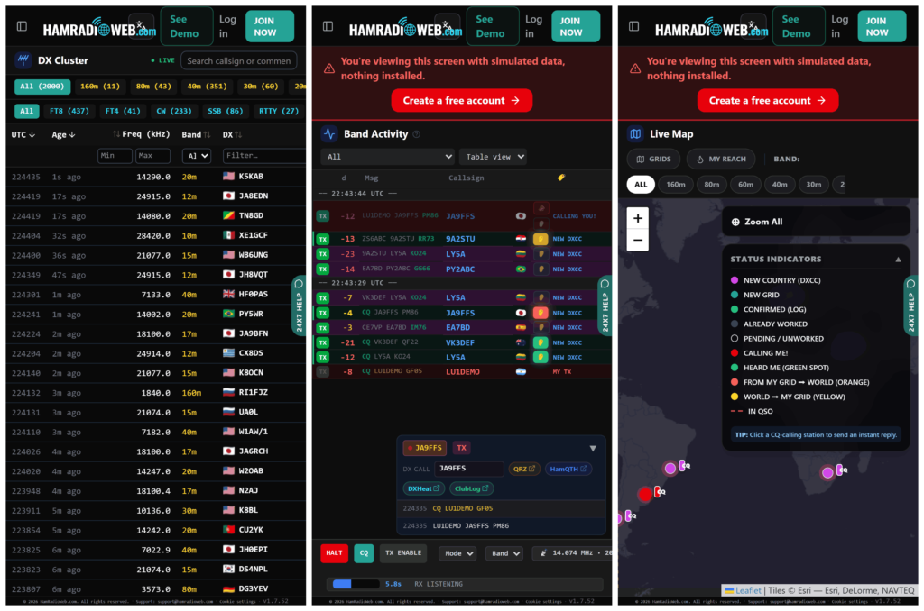 Screenshots from the HamRadioWeb.com FT8 Remote Control App.