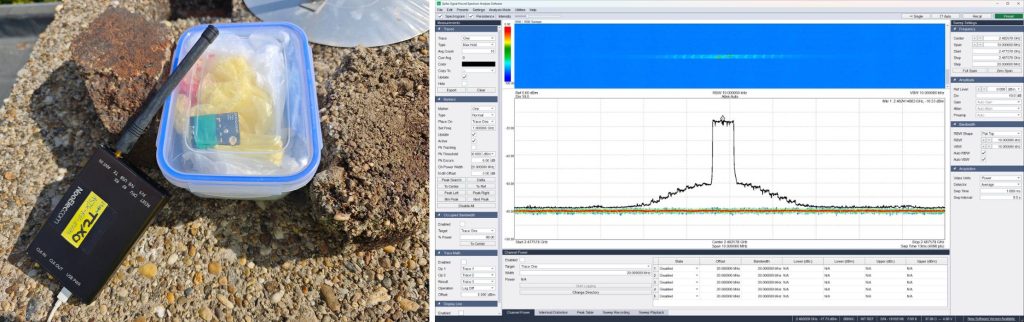 Hubble Network outdoor test with EFR32xG24 transmitter and HackRF for test reception (Left), Measured spectrum with Signal Hound BB60C (right)